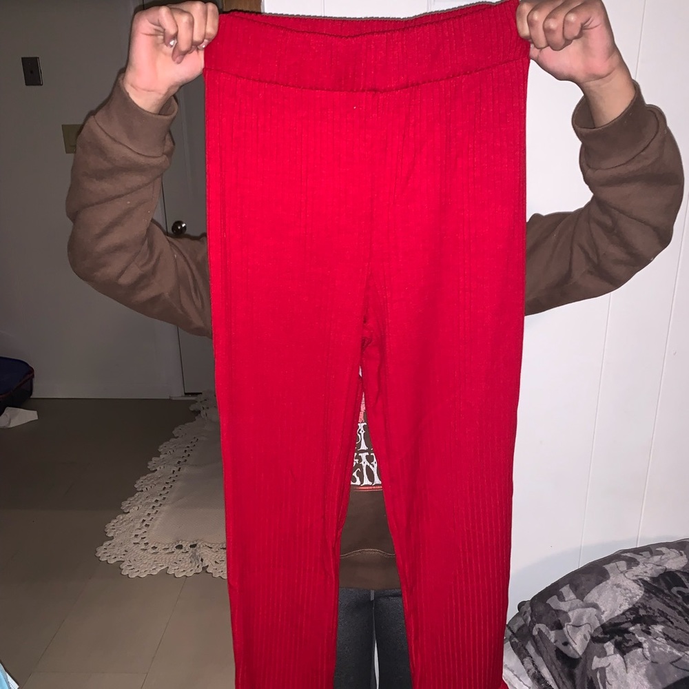 red ruffle flare pants